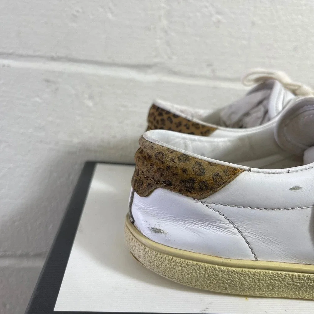 Saint‎ Laurent Court Classic Diamond White Leather Leopard Womens 37.5 EU/7.5 US